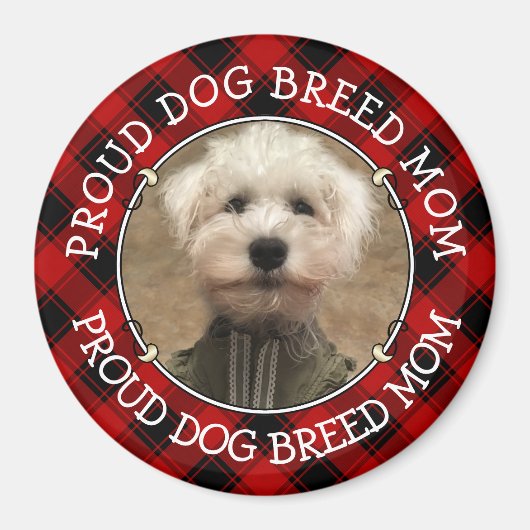 カスタム犬ママパパフォトフレームレッド&ブラックプレイド マグネット (正面)