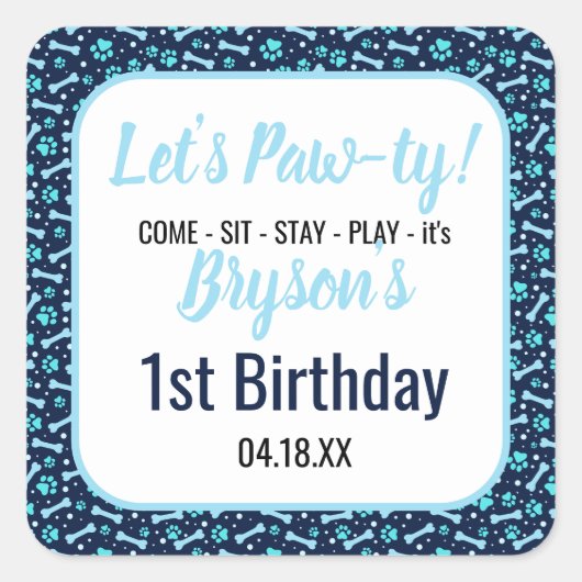 カスタム犬誕生日ブルーポープリントパピーペット スクエアシール (正面)