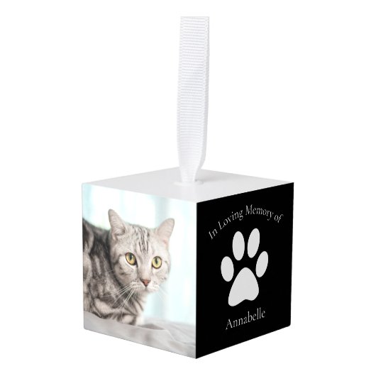 カスタム猫フォトメモリアルペットクリスマス キューブオーナメント (正面アングル)