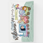 カスタム男の子の写真の誕生日の電車の水色 横断幕 (縦)