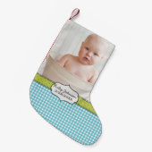カスタム男の赤ちゃんの写真名と誕生日の記念 スモールクリスマスストッキング (正面 (吊り時))