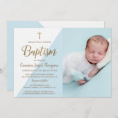 カスタム男の赤ちゃんバプテスマ金ゴールドクロスブルー 招待状 (正面/裏面)
