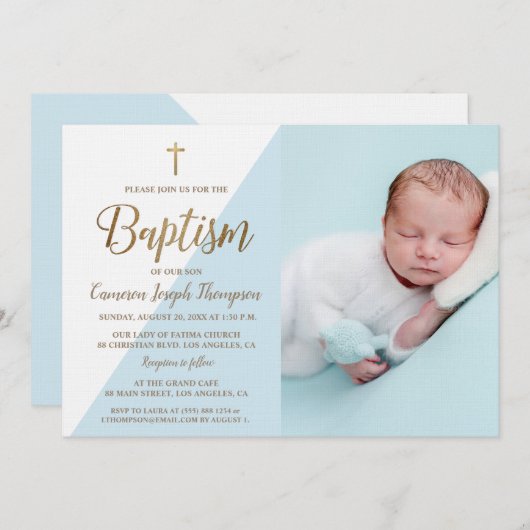 カスタム男の赤ちゃんバプテスマ金ゴールドクロスブルー 招待状 (正面/裏面)