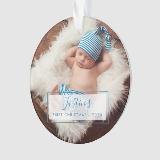 カスタム男の赤ちゃんフォト初めてのクリスマス オーナメント (正面)