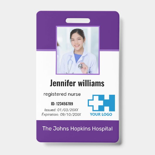 カスタム病院の従業員のロゴと写真とバーコードID バッジ (正面)