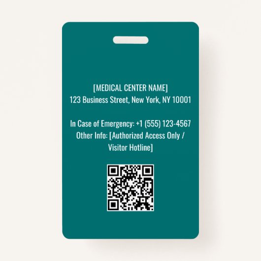 カスタム病院の従業員IDのロゴと写真 | ティール バッジ (裏面)