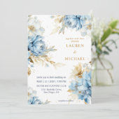 カスタム白い青と金ゴールドの開花の花結婚の 招待状 (スタンド正面)