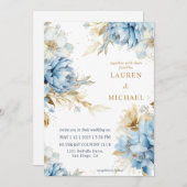 カスタム白い青と金ゴールドの開花の花結婚の 招待状 (正面/裏面)