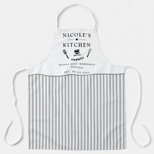 カスタム白とグレーのストライプキッチン エプロン (正面)