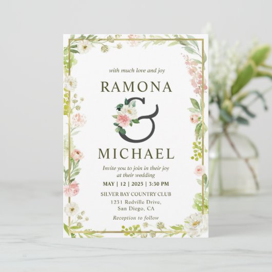 カスタム白と緑のピンクのフレームフローラの結婚数 招待状 (スタンド正面)
