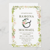 カスタム白と緑のピンクのフレームフローラの結婚数 招待状 (正面/裏面)