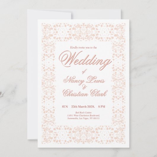 カスタム白エレガントピンクのレース結婚式招待状 招待状 (正面)