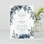カスタム白ダークブルーインディゴ結婚花 招待状 (スタンド正面)