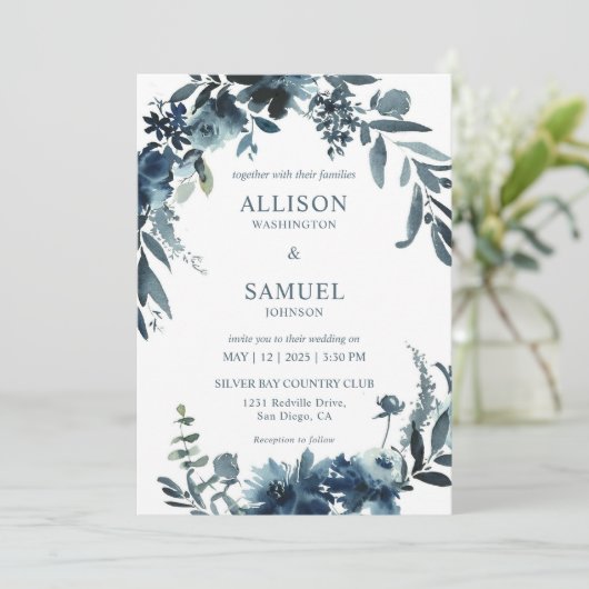 カスタム白ダークブルーインディゴ結婚花 招待状 (スタンド正面)