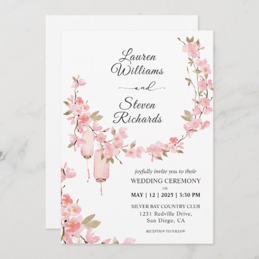 カスタム白ピンクさくらんぼ花 招待状 (正面/裏面)