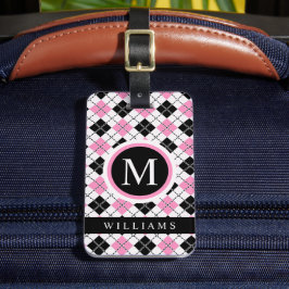 カスタム白ピンクブラック市松模様にパタアーガイルーン ラゲッジタグ