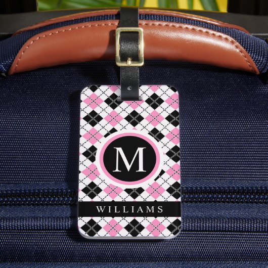 カスタム白ピンクブラック市松模様にパタアーガイルーン ラゲッジタグ (正面インサイチュ2)