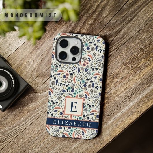 カスタム白フローラブルーピーチフラワーズ iPhoneケース