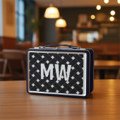 カスタム白モノグラムの黒織り模様 メタルランチボックス