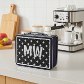 カスタム白モノグラムの黒織り模様 メタルランチボックス