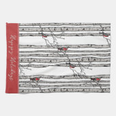 カスタム白樺の木の木と赤(鳥)ショウジョウコウカンチョウ鳥 キッチンタオル (横)