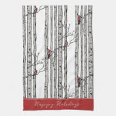 カスタム白樺の木の木と赤(鳥)ショウジョウコウカンチョウ鳥 キッチンタオル (縦)