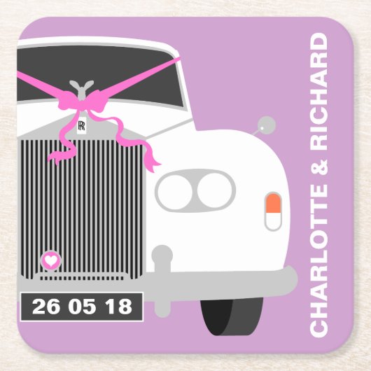カスタム白結婚車LIMOデート スクエアペーパーコースター (正面)