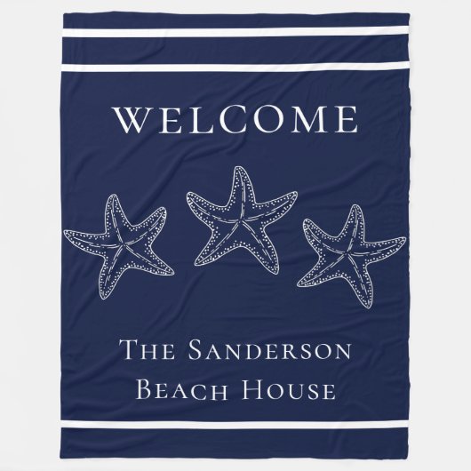 カスタム白航海のネイビーブルーヒトデ フリースブランケット (正面)