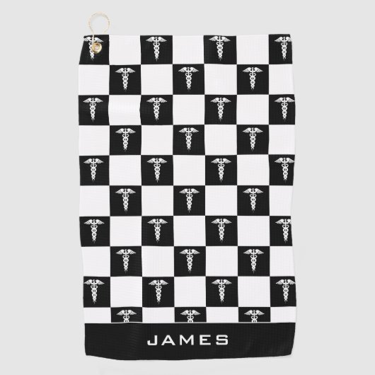 カスタム白黒の医療記号カドゥセウス ゴルフタオル (正面)