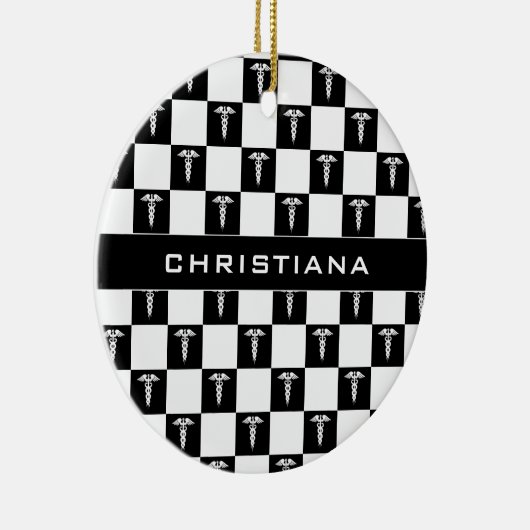 カスタム白黒の医療記号Caduceus セラミックオーナメント (右)