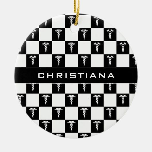 カスタム白黒の医療記号Caduceus セラミックオーナメント (正面)