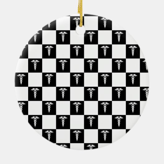 カスタム白黒の医療記号Caduceus セラミックオーナメント (裏面)