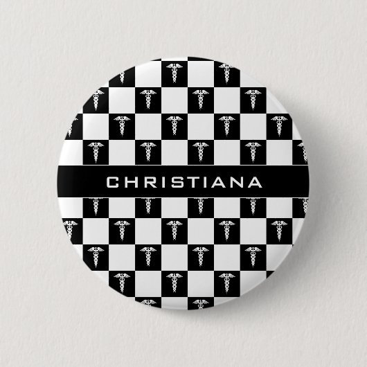 カスタム白黒の医療記号Caduceus 缶バッジ (正面)