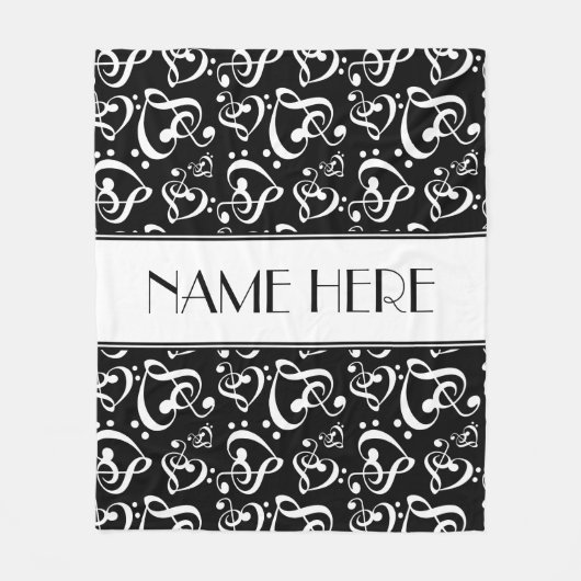 カスタム白黒クレフ、 音符記号ハート音楽ノート フリースブランケット (正面)