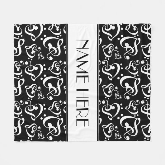 カスタム白黒クレフ、 音符記号ハート音楽ノート フリースブランケット (正面(横))