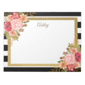 カスタム白黒ストライプピンク金ゴールドフローラ ノートパッド (正面)