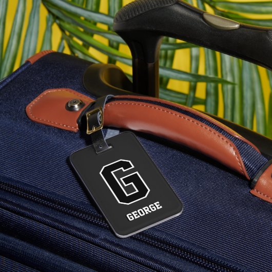 カスタム白黒パーソナライズされたモノグラム ラゲッジタグ (正面インサイチュ1)