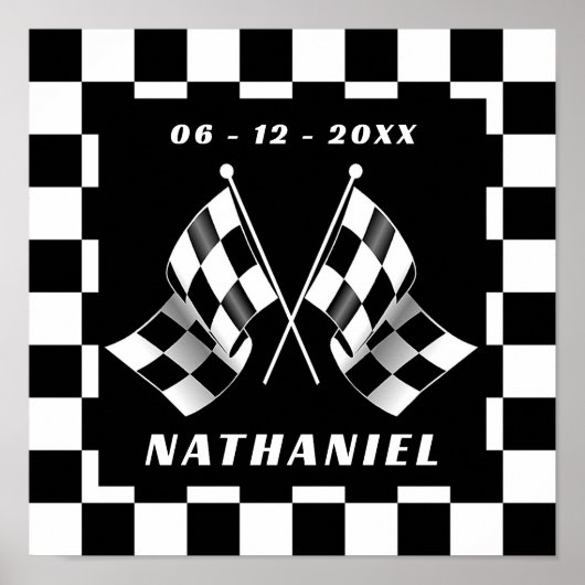 カスタム白黒フラ市松模様にグの正方形パターン ポスター (正面)