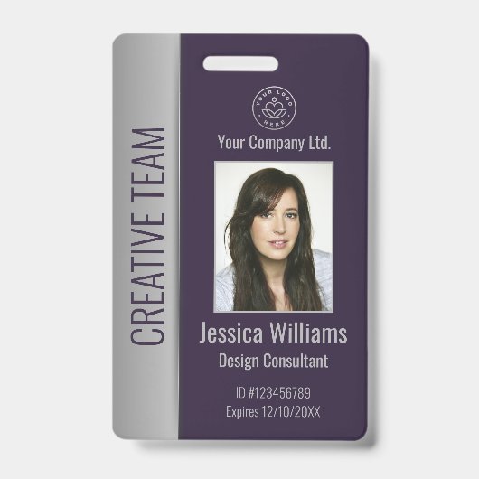 カスタム社員写真バーコードロゴ名パープル バッジ (正面)