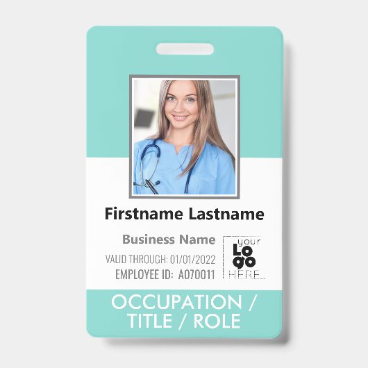 カスタム社員写真、バーコードロゴアクアブルー名 バッジ (正面)