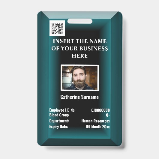 カスタム社員IDカード | ロゴ写真 青緑 バッジ (正面)