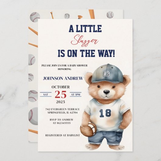 カスタム私たちの小さなスラッガー野球のベビーシャワー 招待状 (正面/裏面)