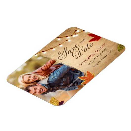カスタム秋の結婚式の日付を保存するフォトマグネット マグネット (左側)