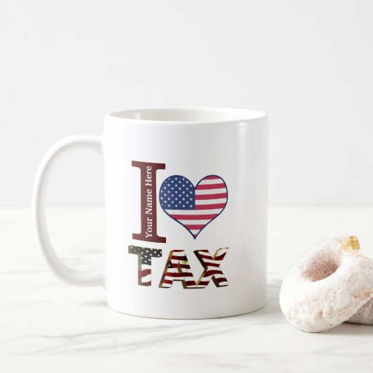 カスタム税日I love tax American flagハート コーヒーマグカップ (ドーナツ)
