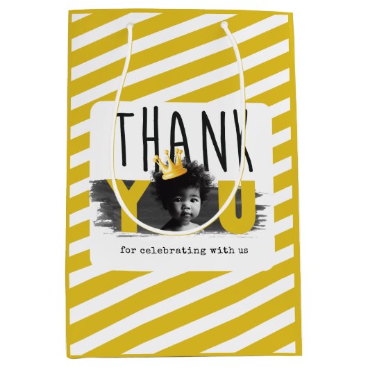 カスタム第1の誕生日フォト白黒黄 ミディアムペーパーバッグ (正面)