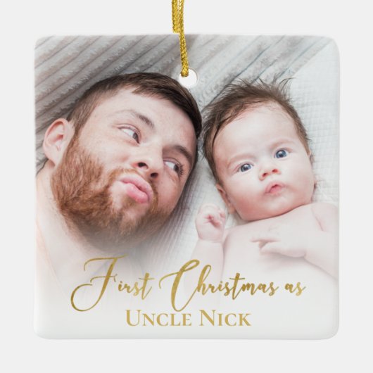 カスタム第1回クリスマスAs Uncle 2フォト金ゴールドスクリプト セラミックオーナメント (正面)