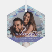 カスタム第1結婚したクリスマスライトパープルブルートーン ガラスオーナメント (裏面)