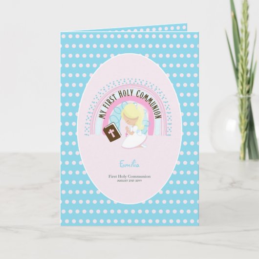 カスタム第1聖餐式かわいい金髪の女の子 サンキューカード (正面)