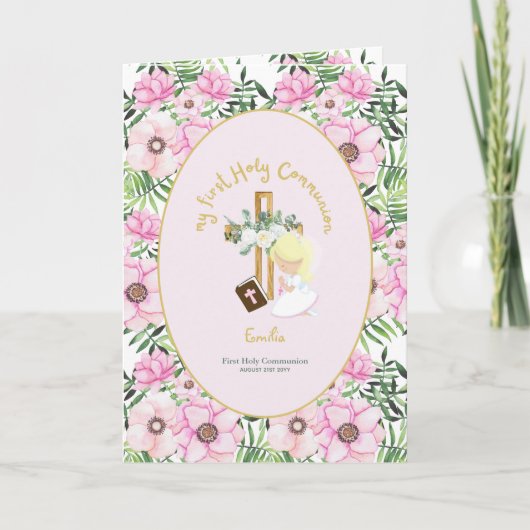 カスタム第1聖餐式かわいい金髪の女の子 サンキューカード (正面)