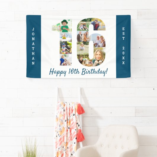 カスタム第16回誕生日パーティー写真コラージュ 横断幕 (インサイチュ)